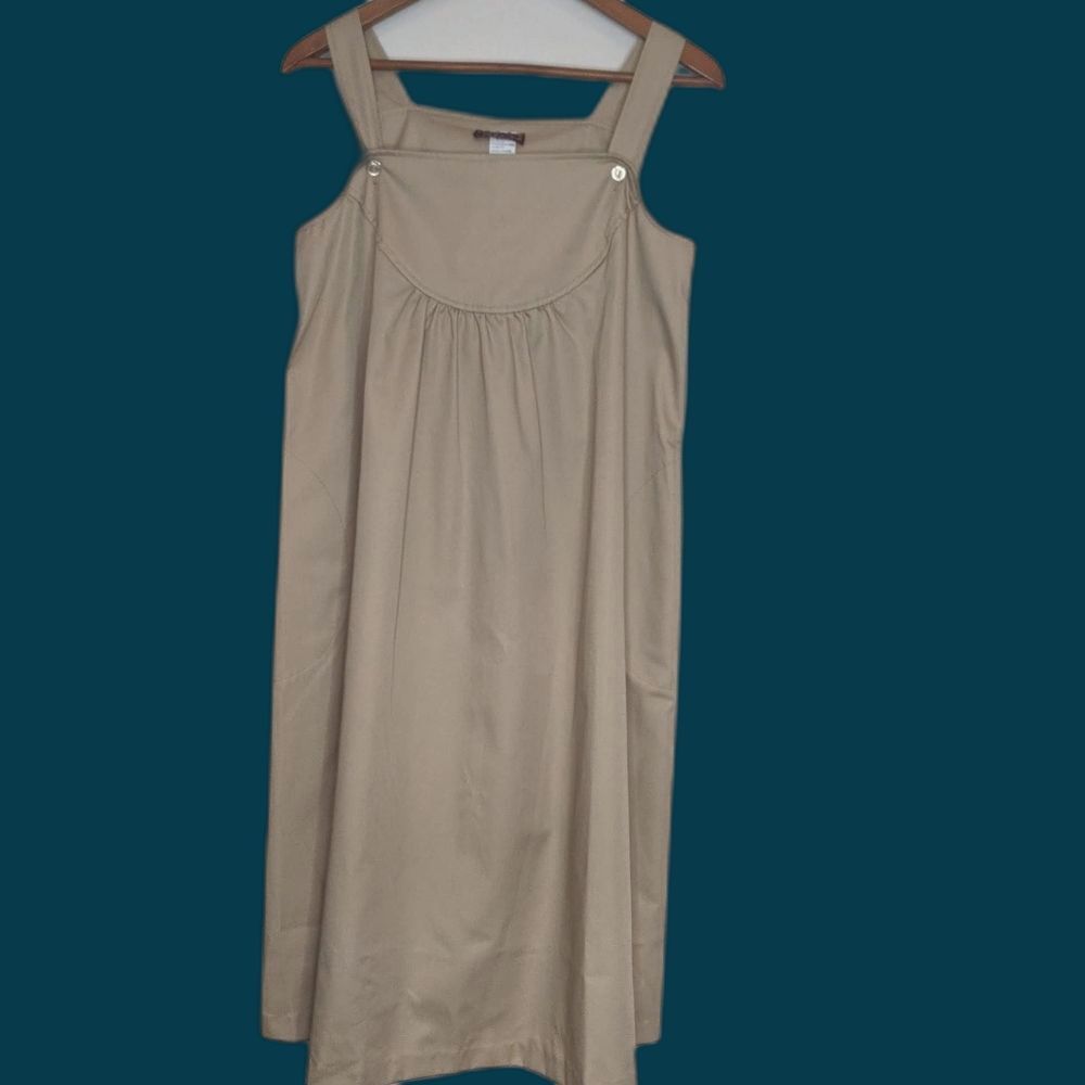 Vintage 80s Khaki Tan Twill Sleeveless Overalls Bib Jumper Dress S